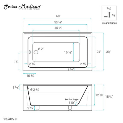 Virage 60" x 30" Left-Hand Drain Alcove Bathtub with Apron