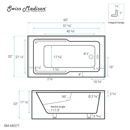 Claire 60" x 32" Right-Hand Drain Drain Alcove Tub with Corner Apron