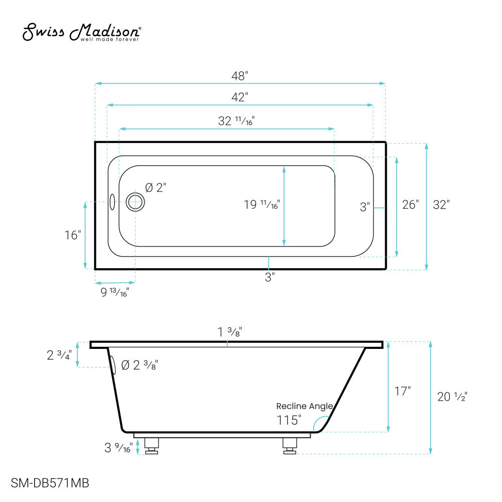 Voltaire 48"x32" Reversible Drain Drop-In Bathtub in Matte Black