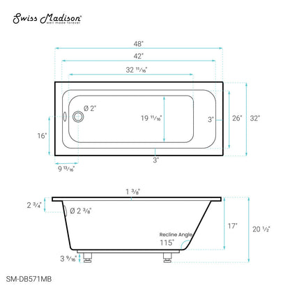 Voltaire 48"x32" Reversible Drain Drop-In Bathtub in Matte Black