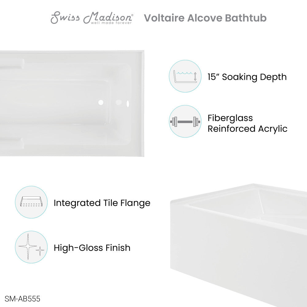 Swiss Madison Voltaire 72" x 36" Right-Hand Drain Alcove Bathtub with Apron