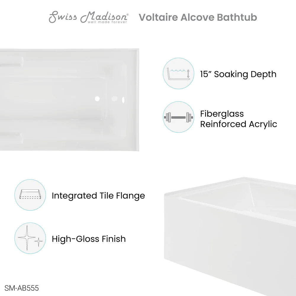 Swiss Madison Voltaire 72" x 36" Right-Hand Drain Alcove Bathtub with Apron