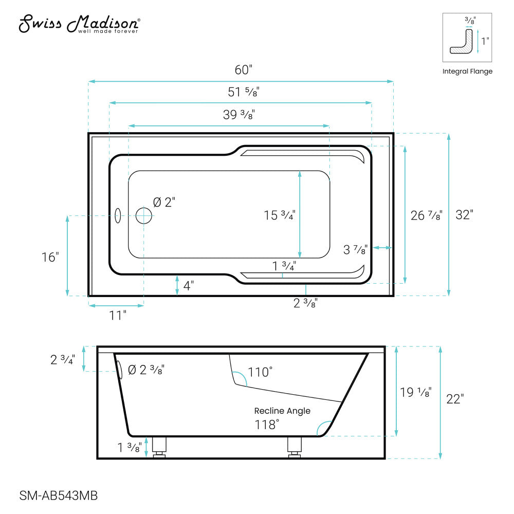 Voltaire 60" X 32" Left-Hand Drain Alcove Bathtub with Apron in Matte Black