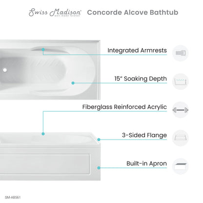 Concorde 60 in. x 32 in. Acrylic Glossy White, Alcove, Integral, Left-Hand Drain, Apron Bathtub