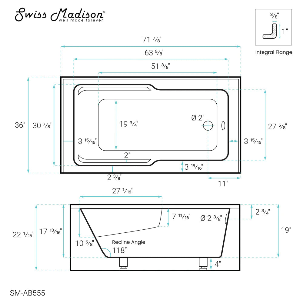 Swiss Madison Voltaire 72" x 36" Right-Hand Drain Alcove Bathtub with Apron