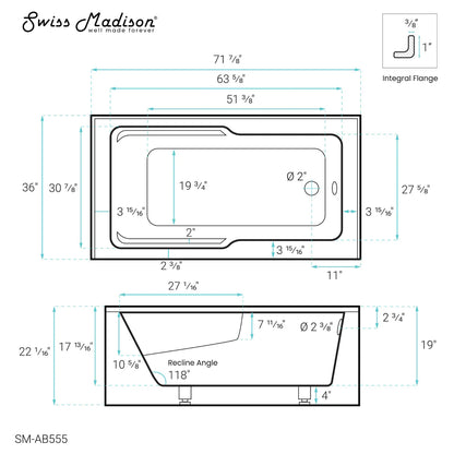 Swiss Madison Voltaire 72" x 36" Right-Hand Drain Alcove Bathtub with Apron