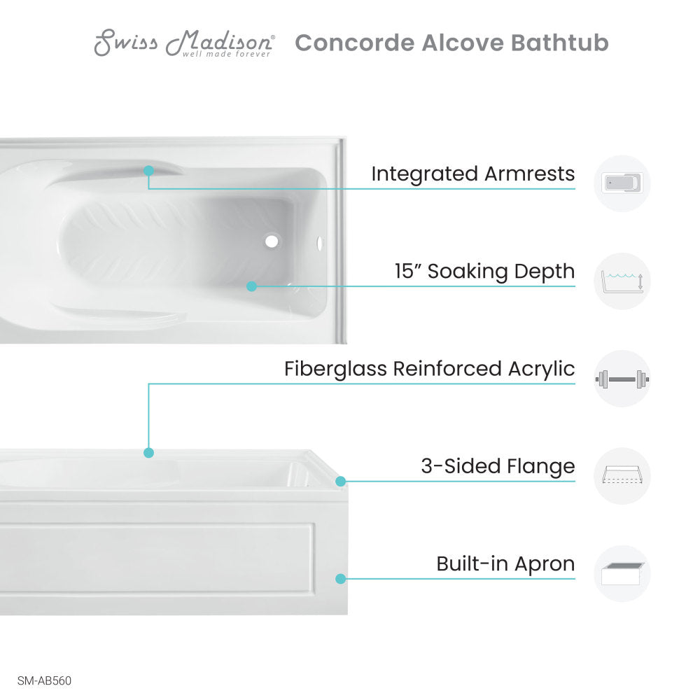 Concorde 60 in. x 32 in. Acrylic Glossy White, Alcove, Integral, Right-Hand Drain, Apron Bathtub