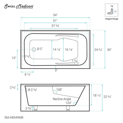 Voltaire 54" X 30" Left-Hand Drain Alcove Bathtub with Apron in Matte Black