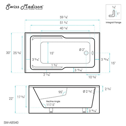 Voltaire 60" X 30" Right-Hand Drain Alcove Bathtub with Apron and Armrest