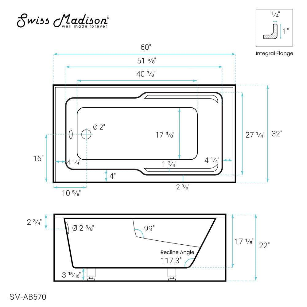 Claire 60" x 32" Left-Hand Drain Drain Alcove Tub with Corner Apron