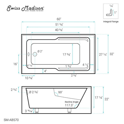 Claire 60" x 32" Left-Hand Drain Drain Alcove Tub with Corner Apron