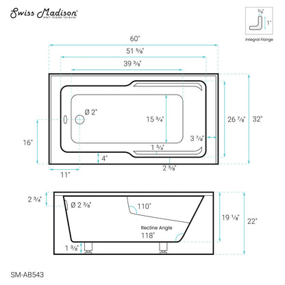 Voltaire 60" X 32" Left-Hand Drain Alcove Bathtub with Apron and Armrest