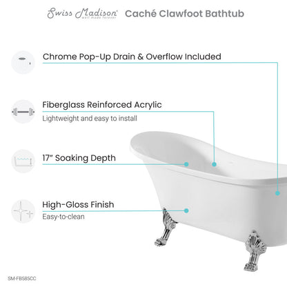 Cache Single Slipper, Clawfoot Soaking Acrylic Bathtub, Chrome Clawfoot